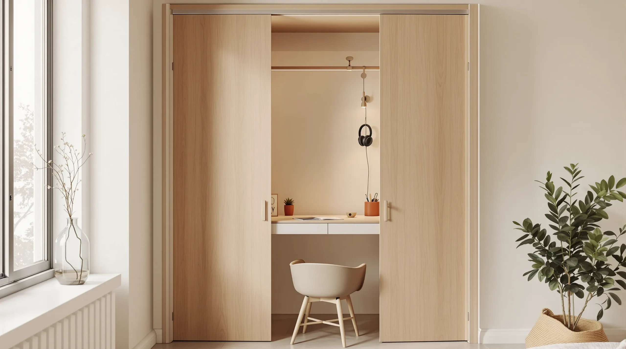 A closet converted into a small home office (cloffice) with a freestanding desk and a clamp light.