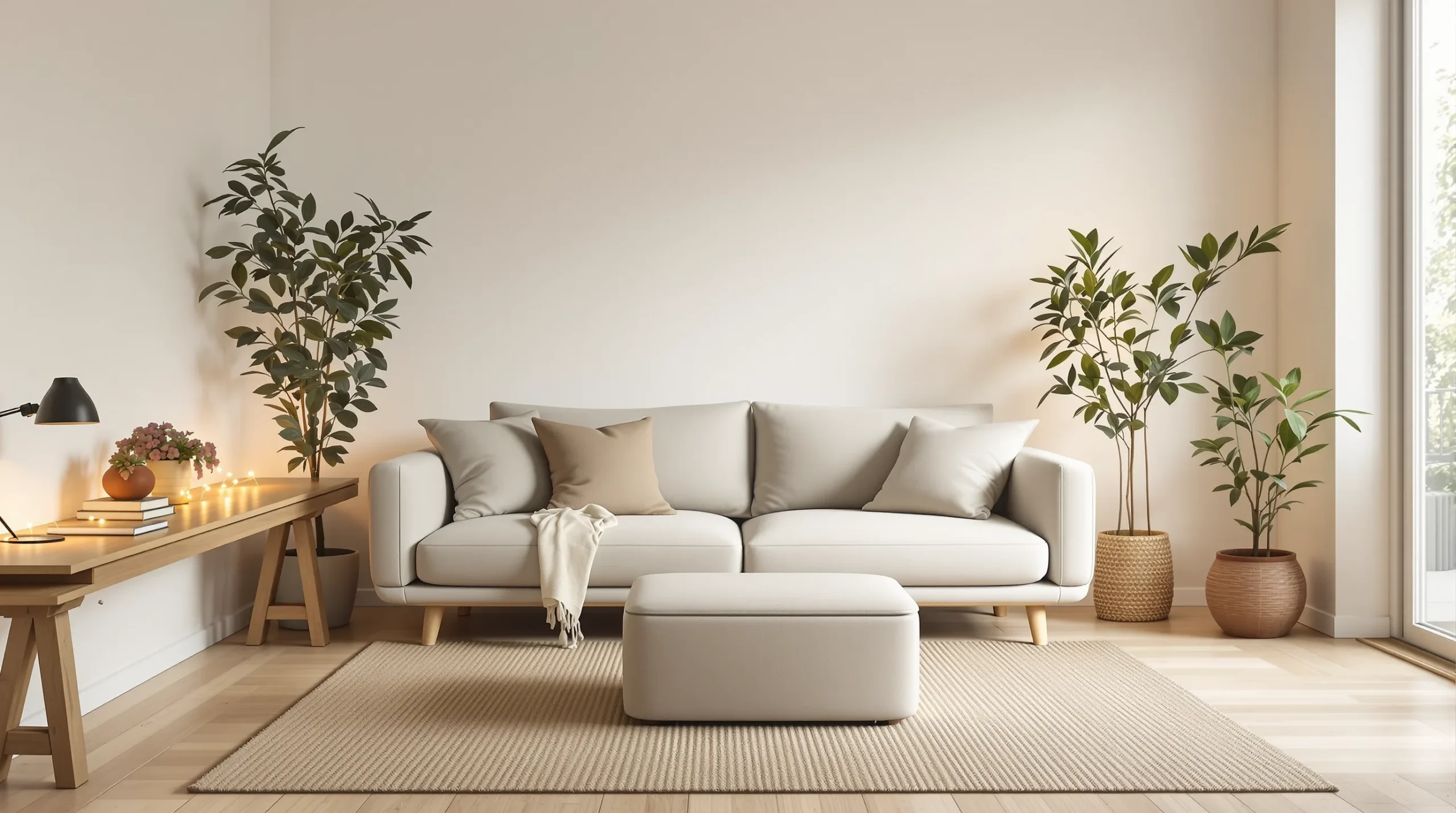 A small college apartment living room with an oatmeal sofa floated off the wall, a jute rug zoning the space, and a storage ottoman.