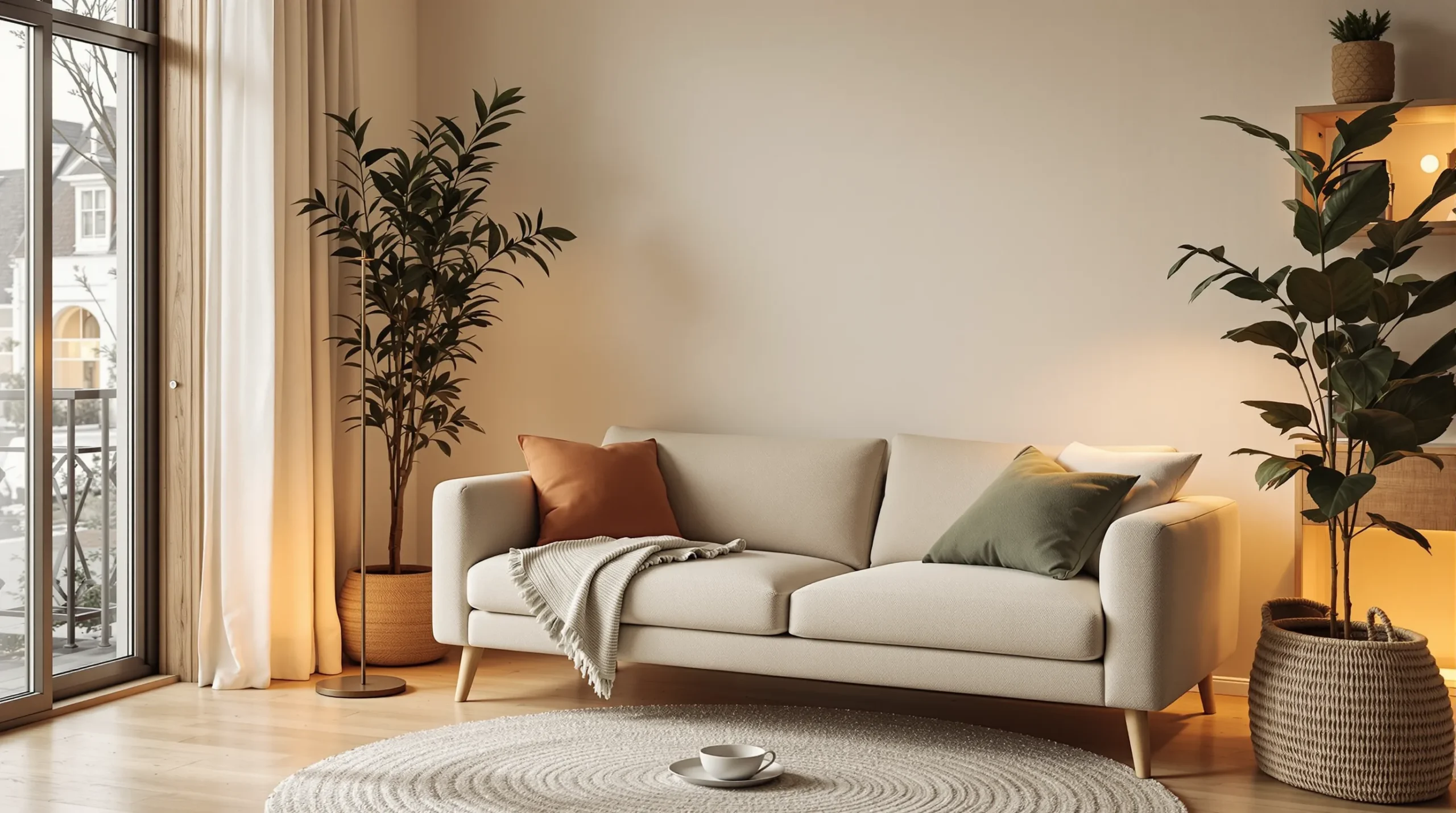 A small living room lit in warm layers at night with a floor lamp beside the sofa and a lit shelf behind.