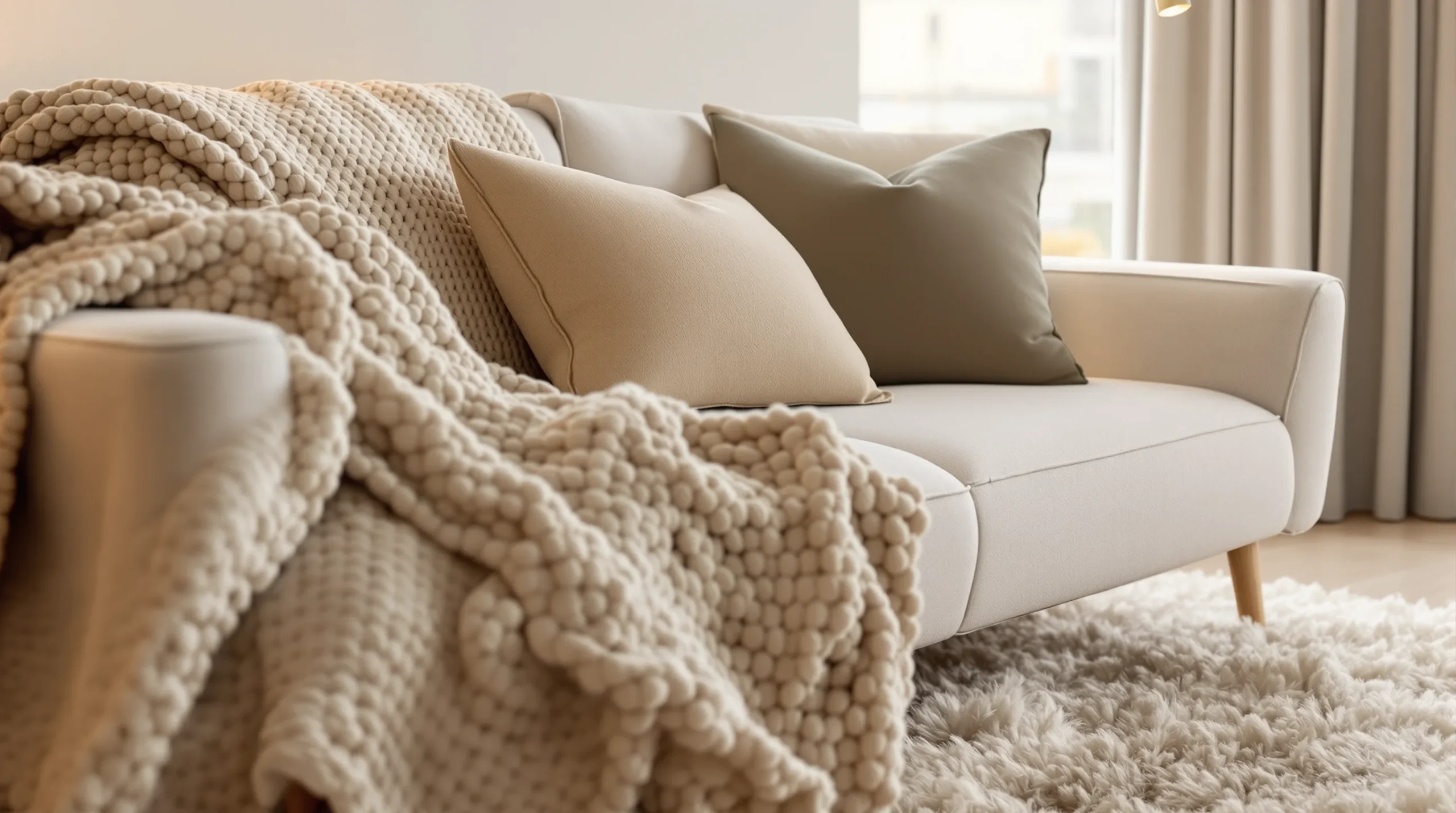 Layered textures in a cozy small living room: knit throw, mixed cushions, soft rug, and linen curtains in warm neutrals.