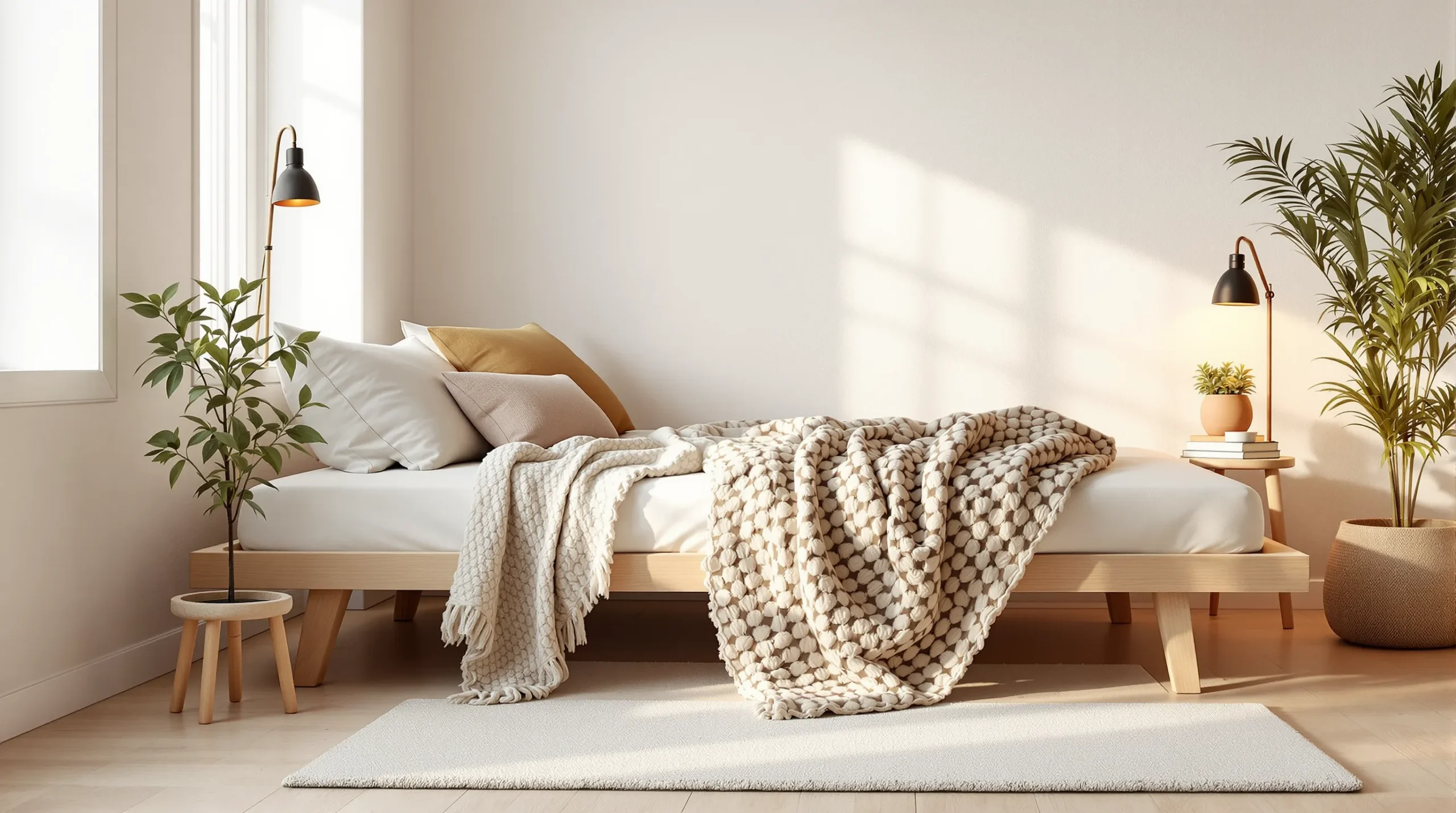 A cozy small bedroom corner with a layered linen bed, a warm bedside lamp, and a soft rug in warm neutrals.