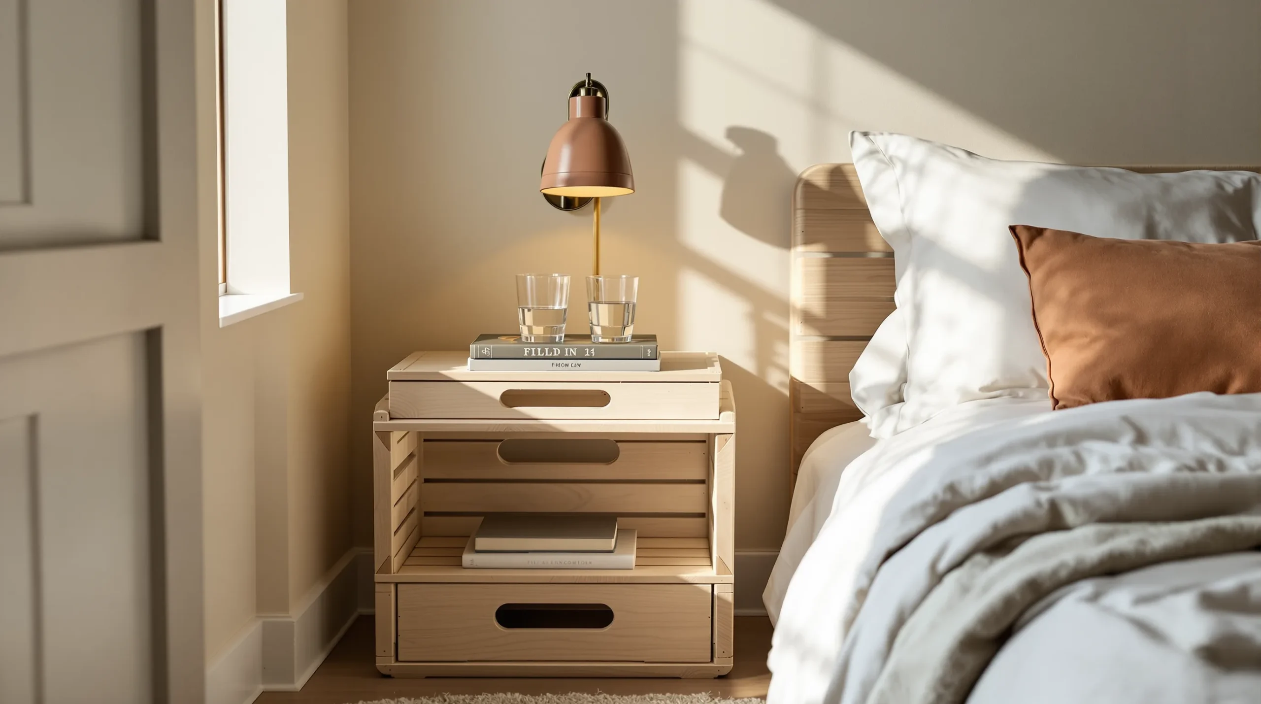 A DIY nightstand made of two stacked wooden crates holding books and a lamp beside a small bed.
