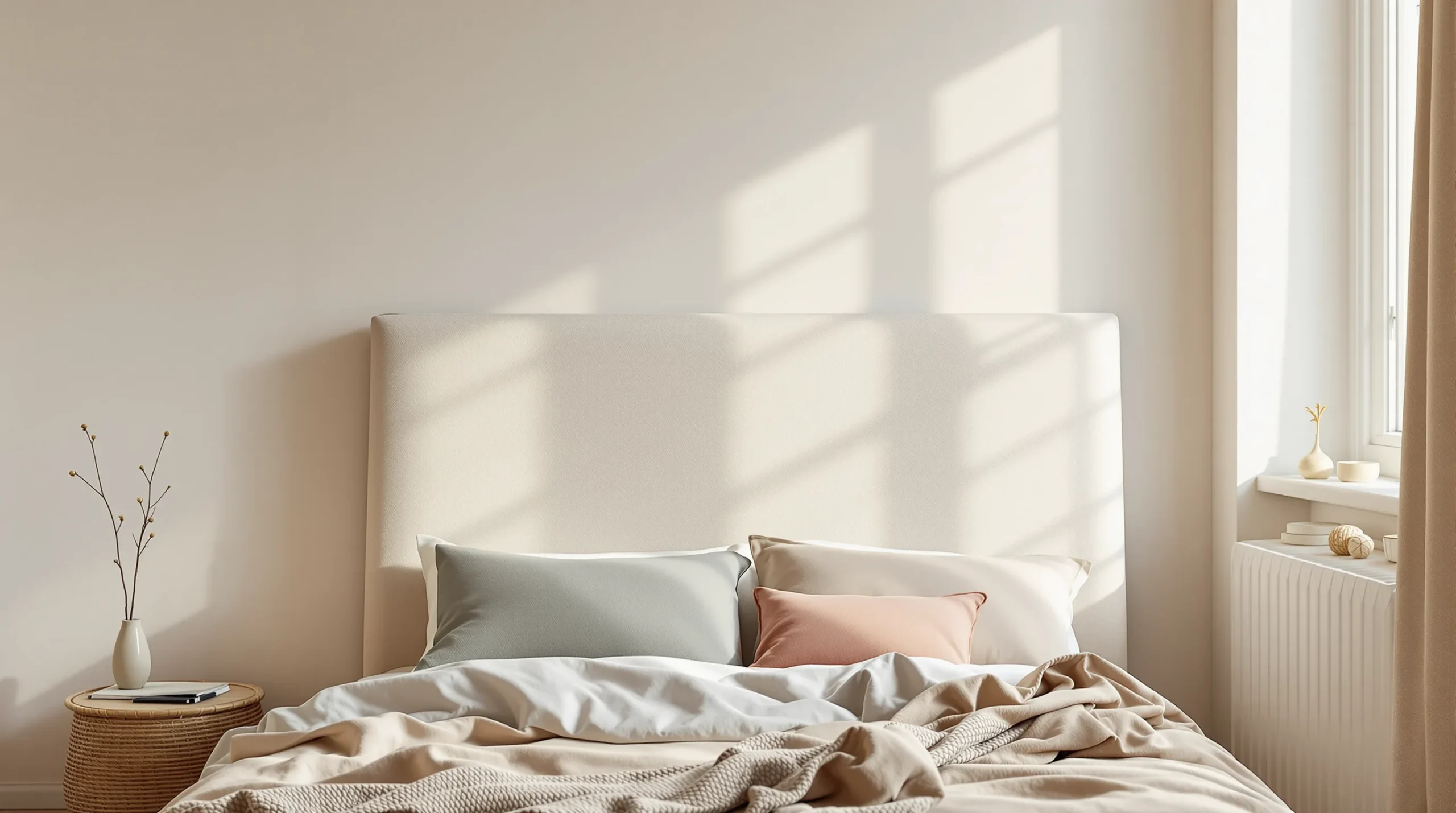 A DIY upholstered leaning headboard in oatmeal fabric leaning behind a bed in a small bedroom.
