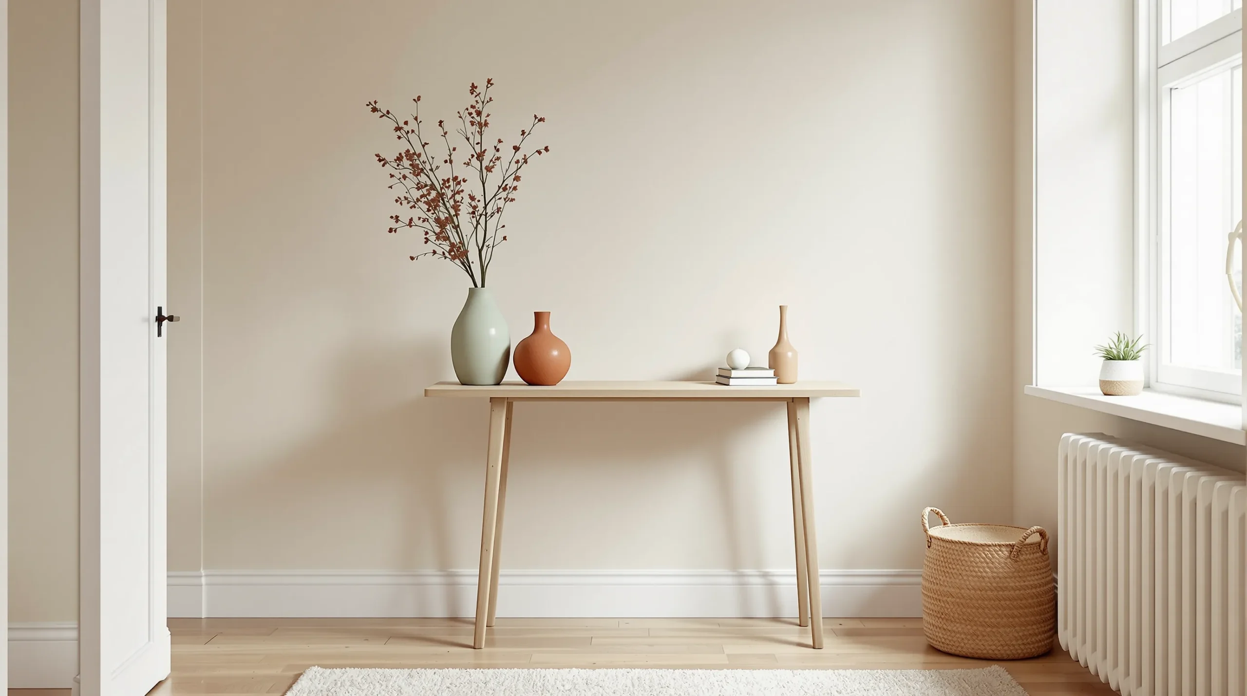 A gateleg table folded flat against a wall in console mode in a warm-minimalist studio.