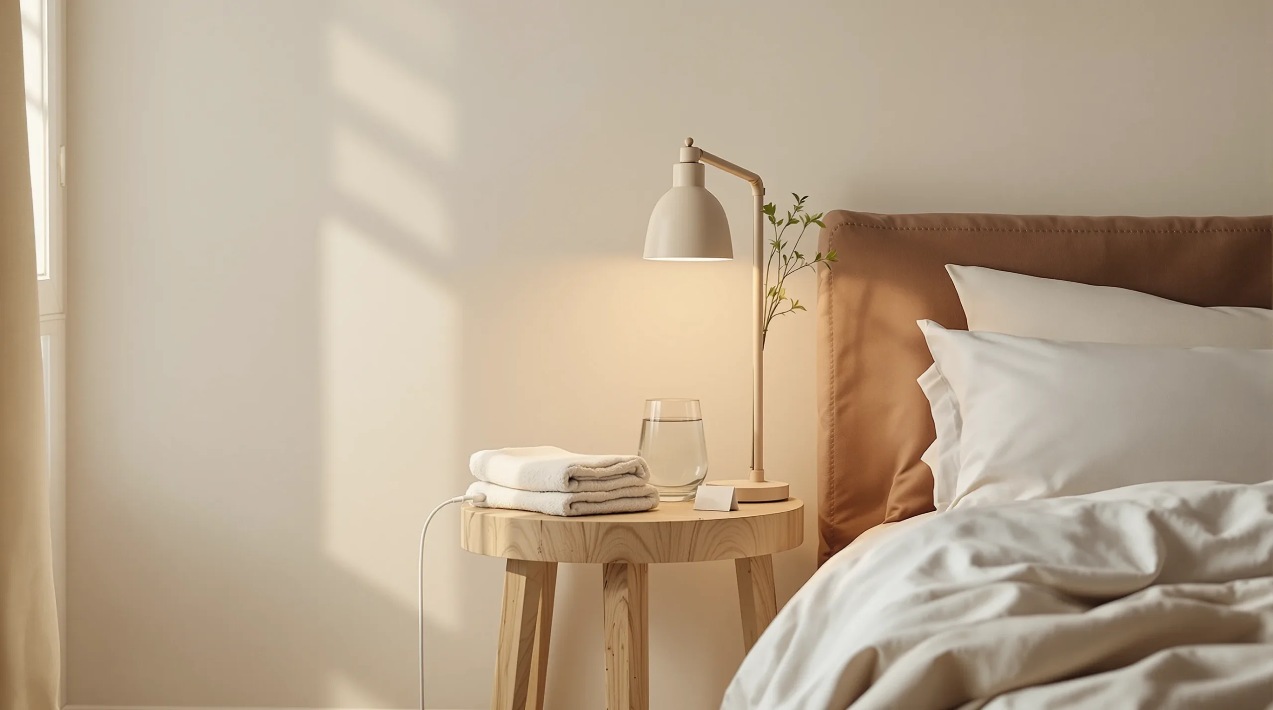 A guest-ready bedside setup with a lamp, charging cable, water carafe, and folded towels in a small guest room.