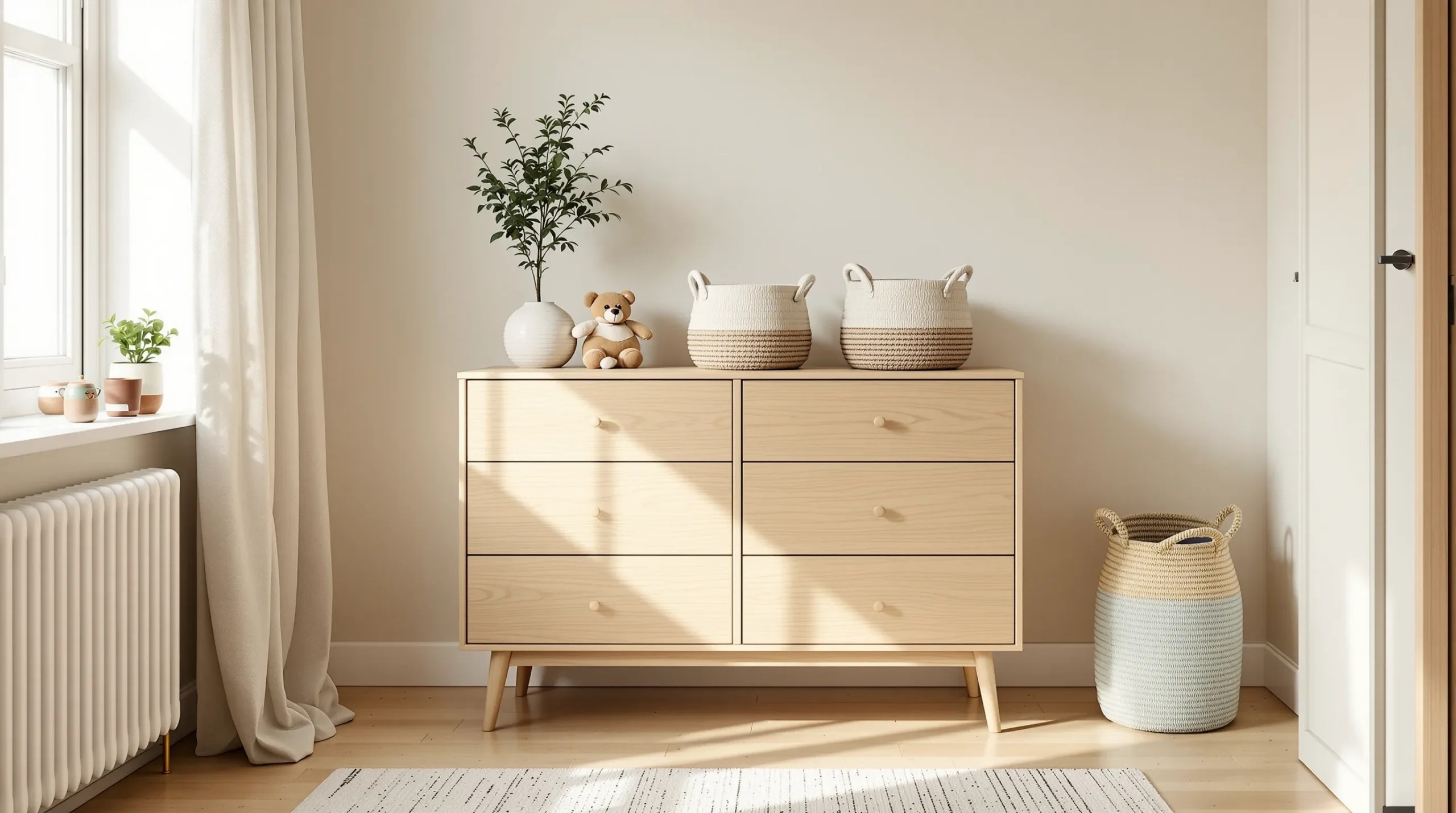 A low, wide kids' dresser anchored to the wall with an anti-tip strap in a small kids' bedroom.