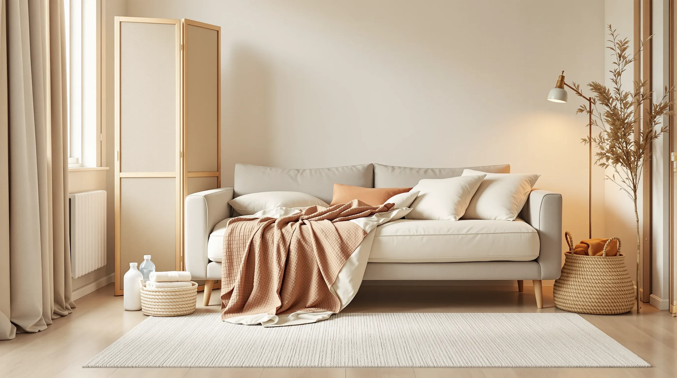 A living room converted for guests with an opened sofa bed, folding privacy screen, and a guest basket with towels.