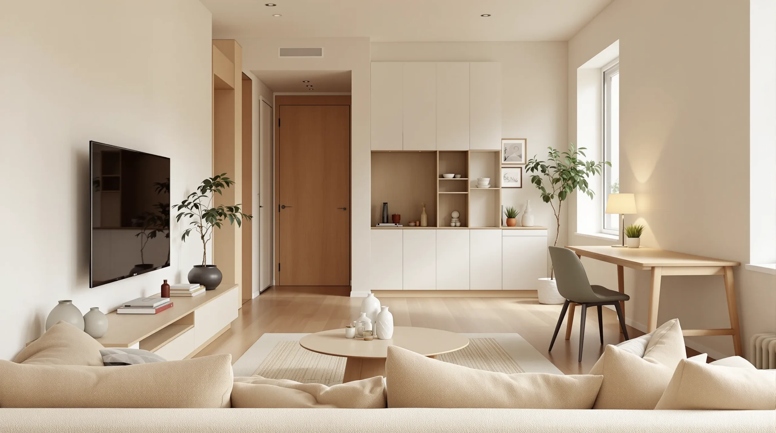A narrow small living room laid out in two zones, with a seating area and a far desk nook.
