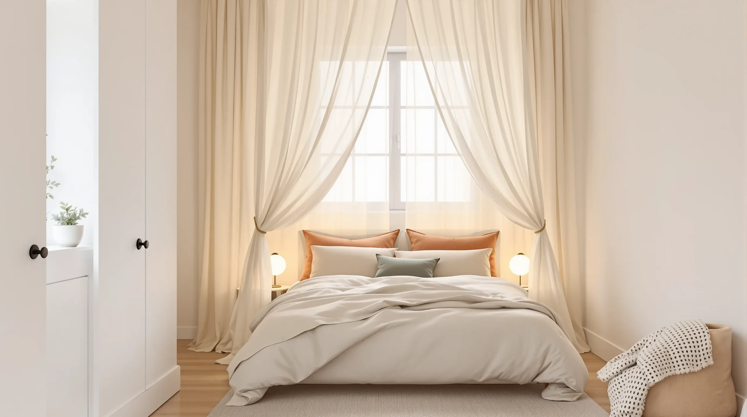 A small bedroom bed with a no-drill sheer half-canopy hung from wall hooks and warm lamp light.