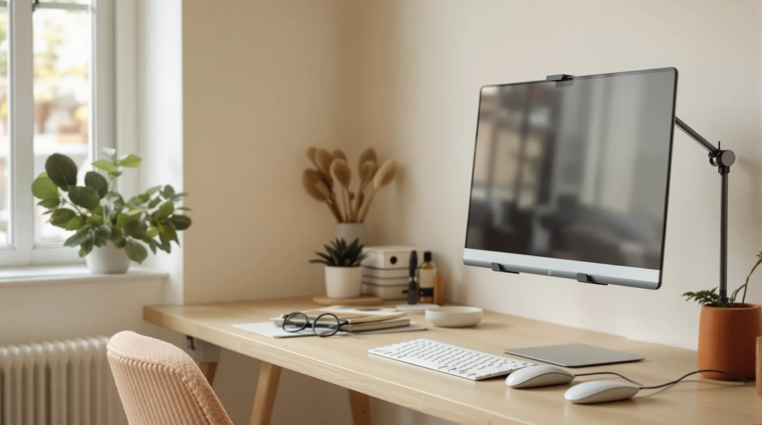 A no-drill desk setup with a clamp-on monitor arm and lamp gripping the desk edge, no wall damage.