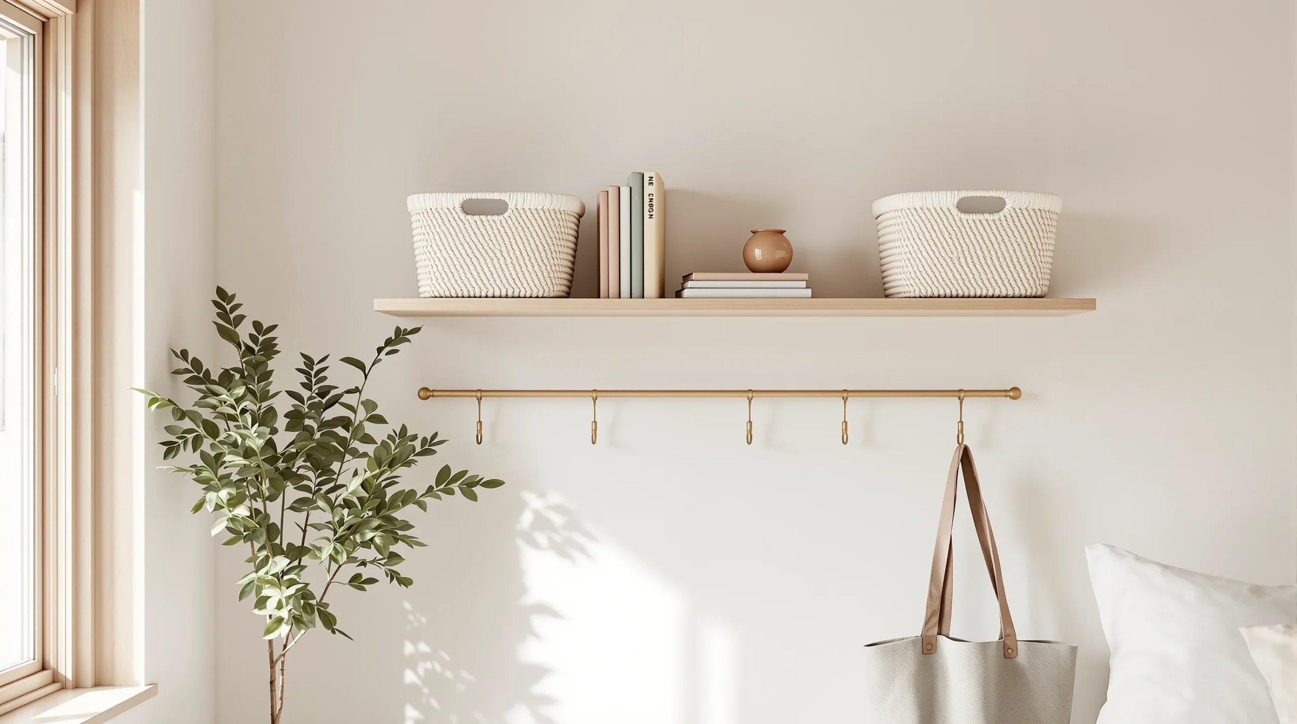 Two light-oak floating shelves with matched cream baskets and a slim wall rail with brass hooks, no visible hardware.
