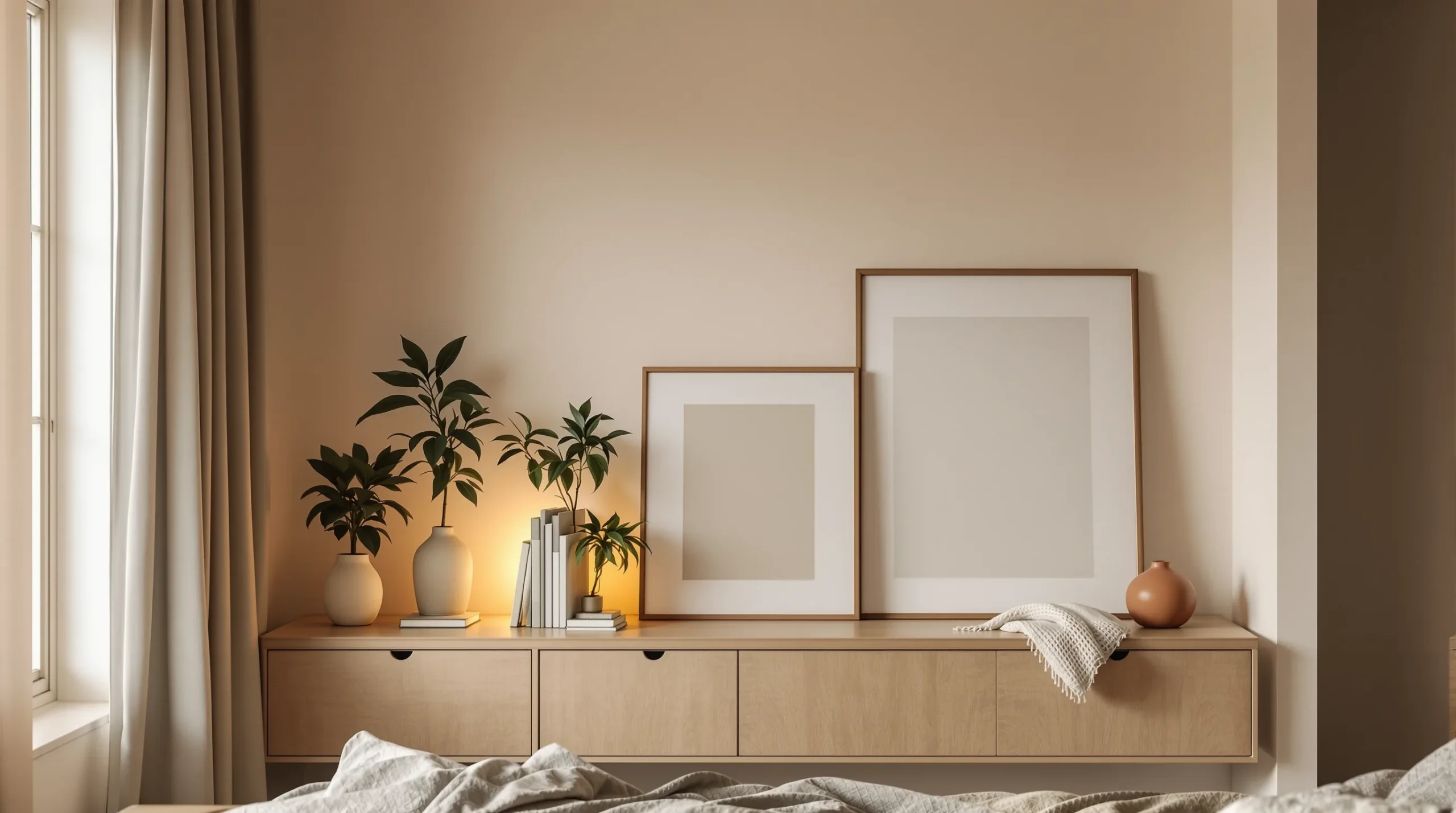 A lit bookshelf vignette and a large leaning art print acting as the focal point of a small living room.