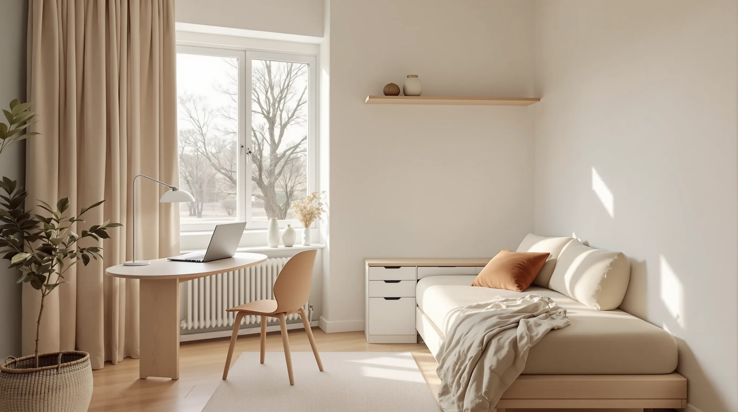 A small office and guest room combo with a slim desk at the window and a daybed doubling as the office sofa.