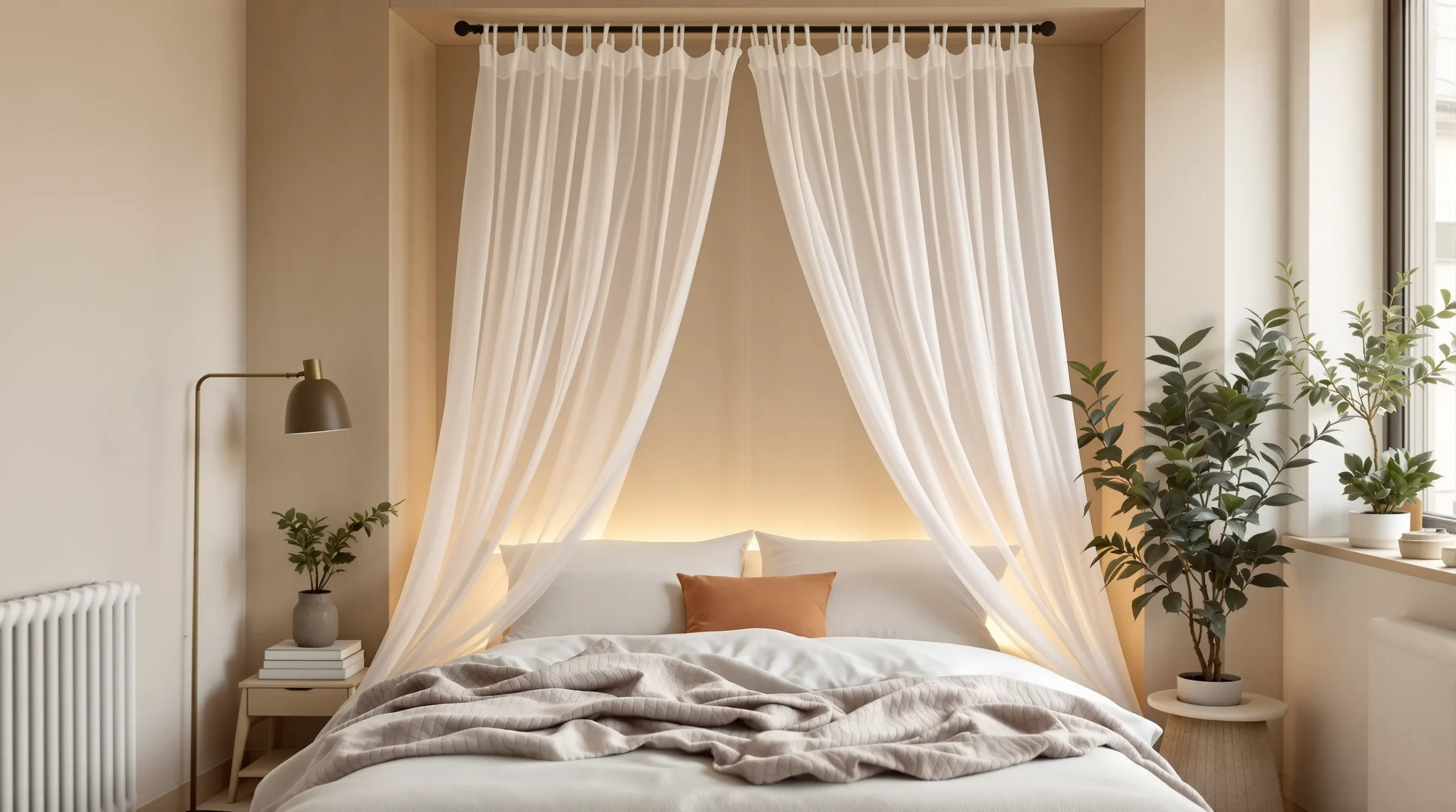 A sheer half-canopy hung safely from a tension rod over a small bedroom bed.