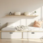 A small warm-minimalist bedroom with matched under-bed bins and floating-shelf baskets — calm small bedroom storage ideas without clutter.