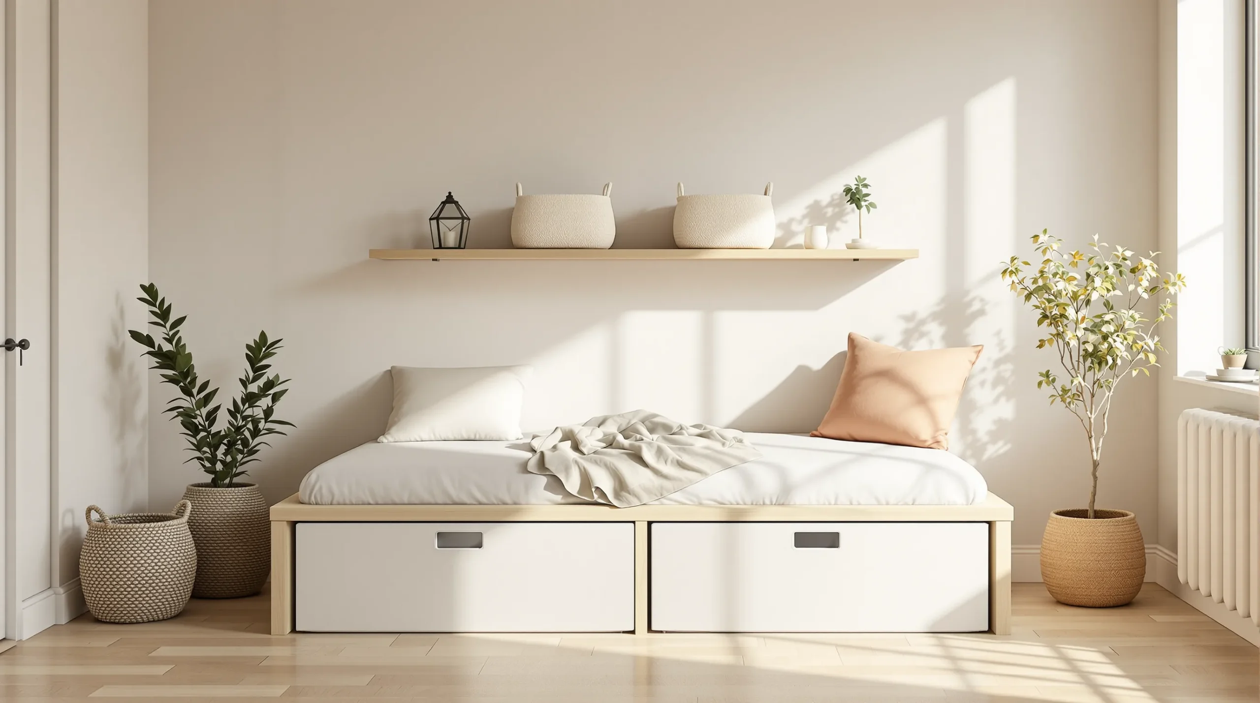 A small warm-minimalist bedroom with matched under-bed bins and floating-shelf baskets — calm small bedroom storage ideas without clutter.