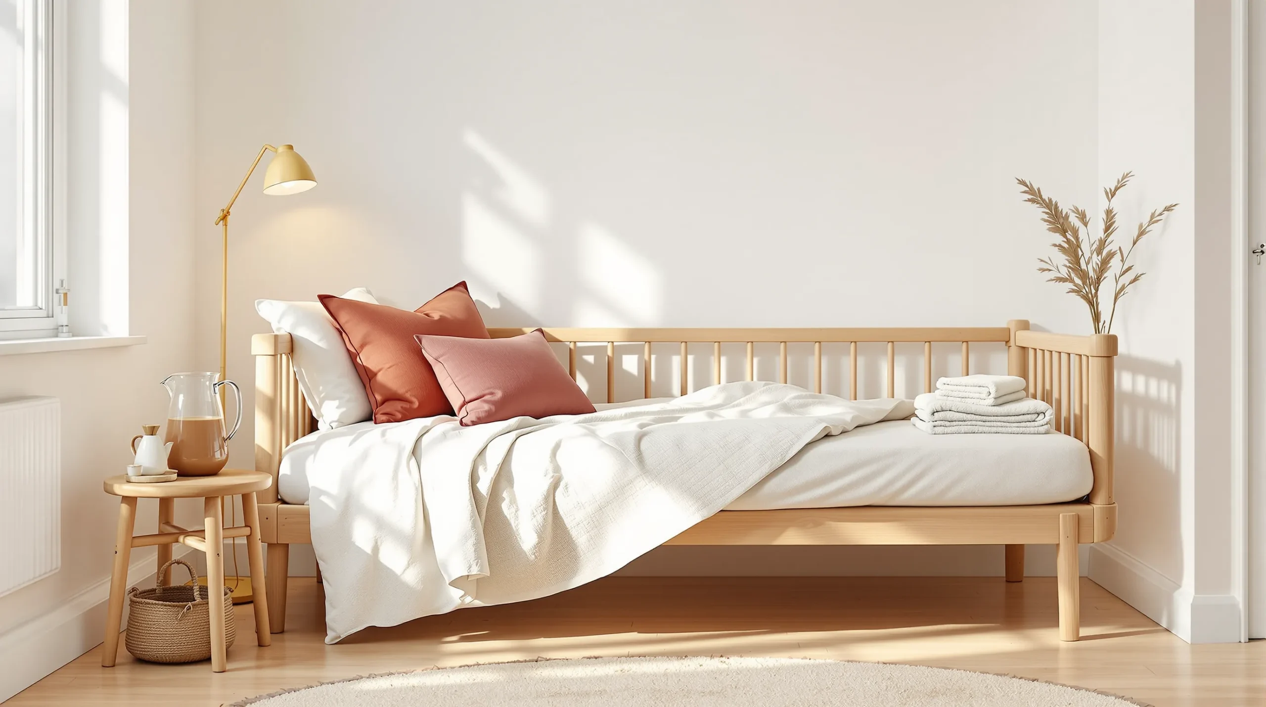 Small guest bedroom ideas — a warm-minimalist guest room with a daybed, layered bedding, folded towels, and a carafe