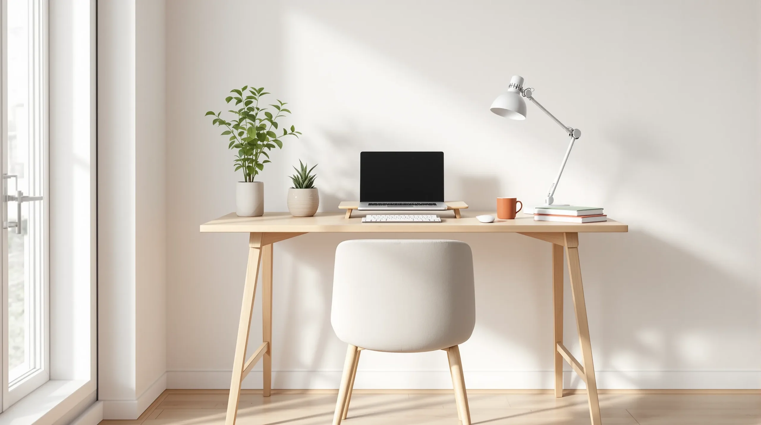 A small apartment desk corner with a light-oak desk, a laptop on a riser, and a clamp-on lamp in warm neutrals.