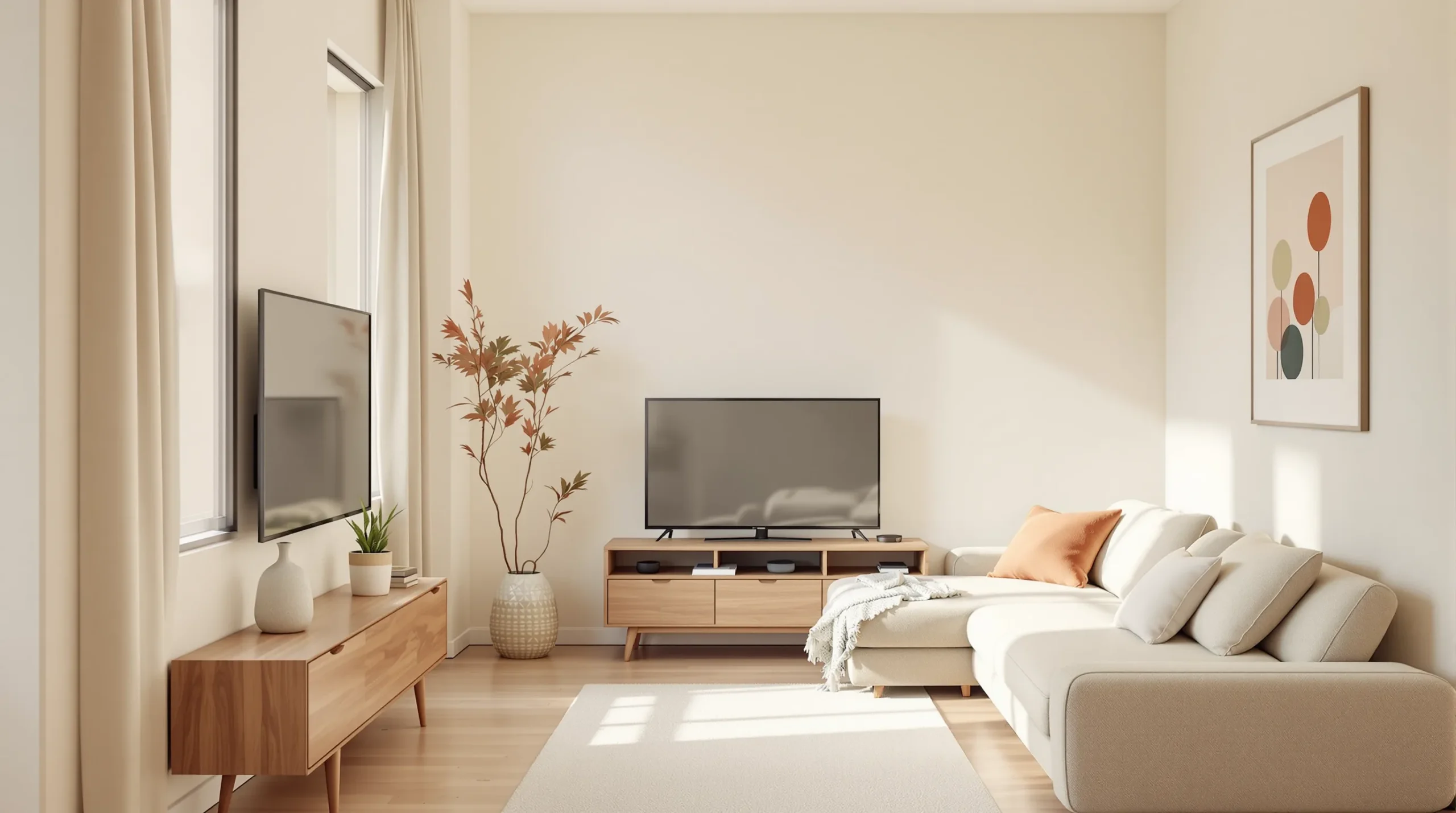 A small living room with a corner TV on a console and a compact sectional, both walls left free.