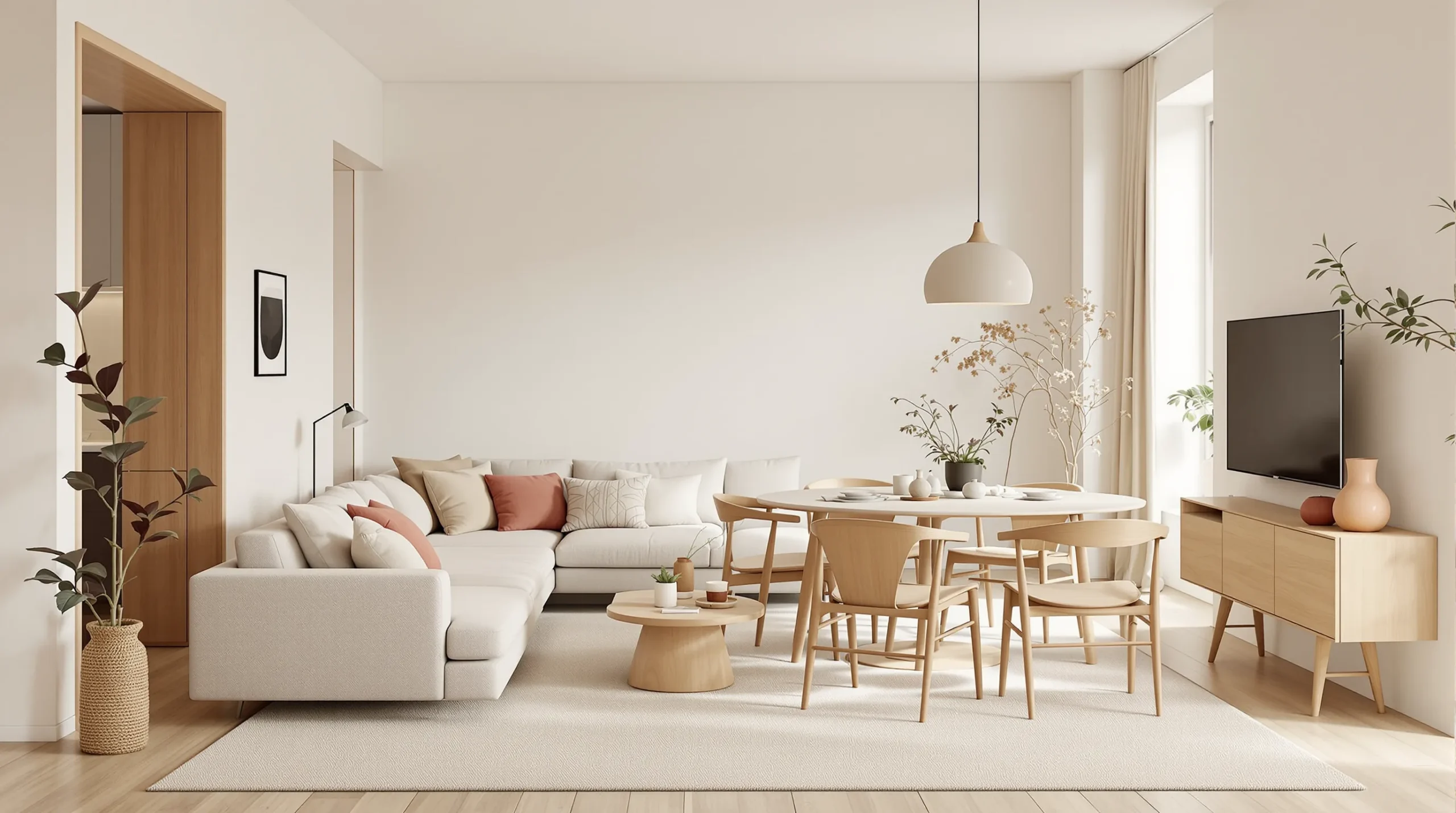 An open-plan small living room layout zoned with a rug and a floated sofa with a console behind it.