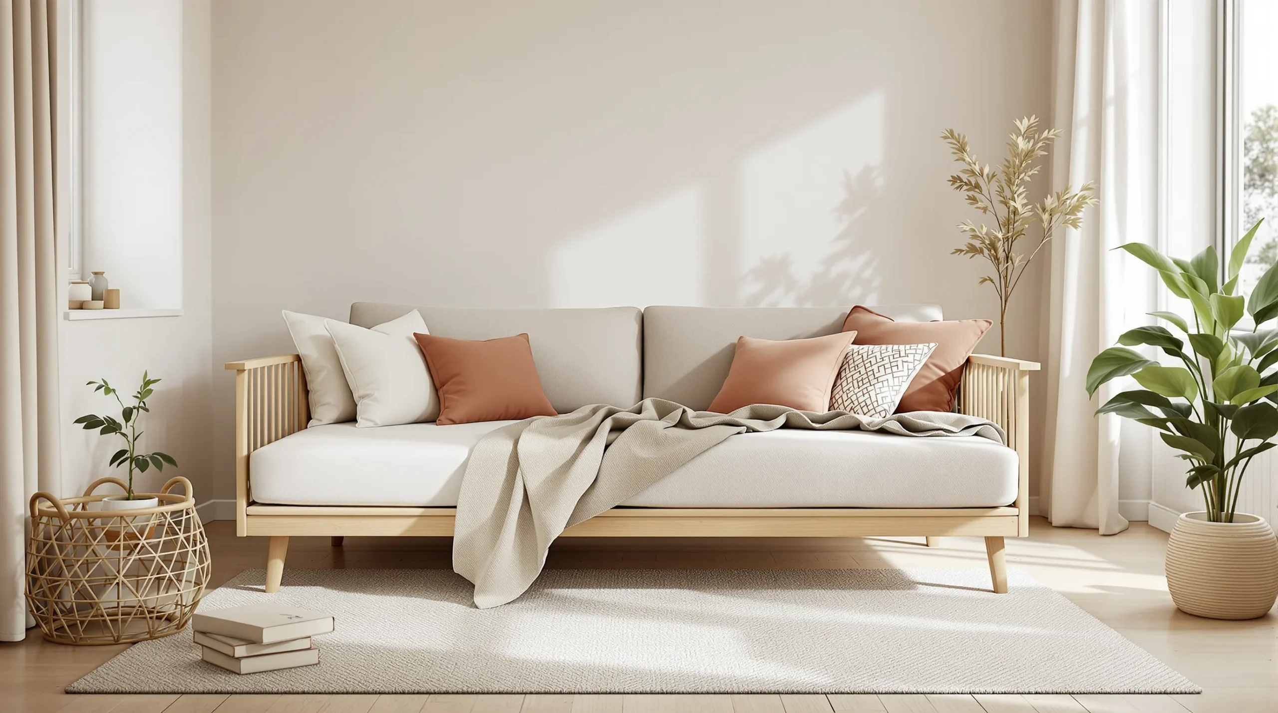A sofa bed shown mid-transform from sofa to bed in a warm-minimalist small living room.