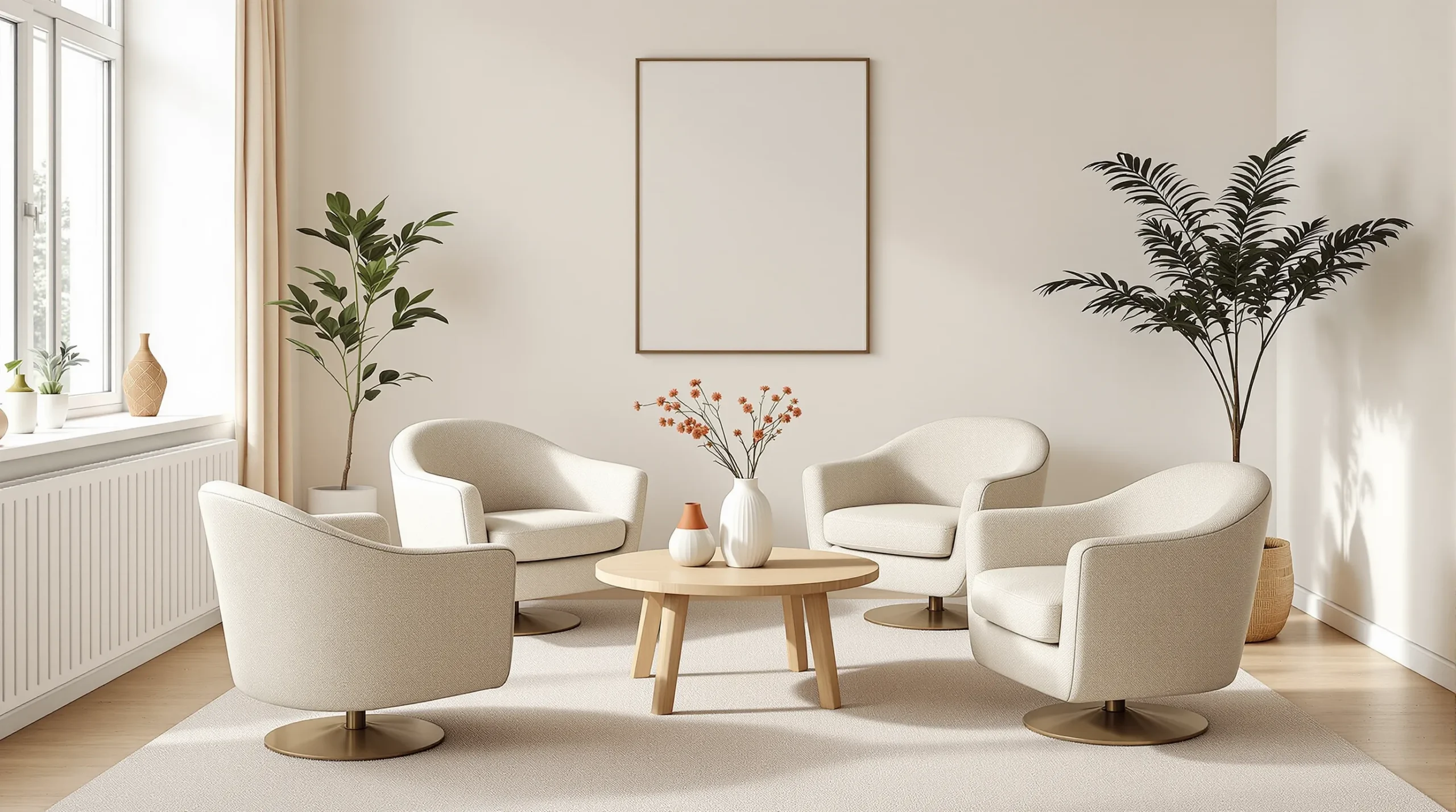 A square small living room with four swivel chairs around a round table instead of a sofa.