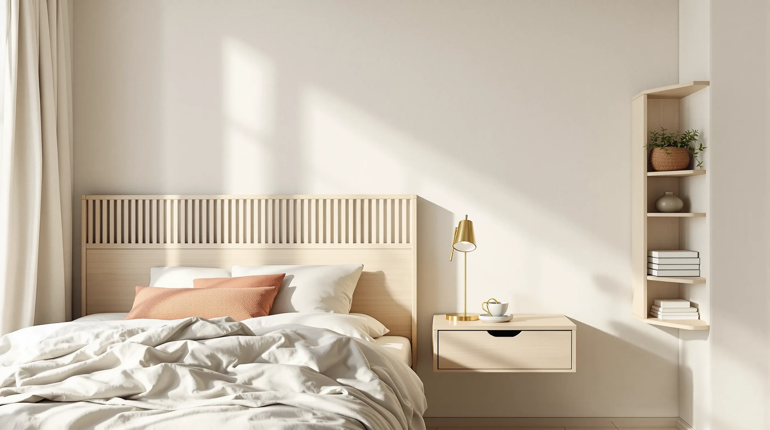 A low bed with a slatted storage headboard, a wall-mounted floating nightstand with a drawer, and a narrow corner shelf unit.