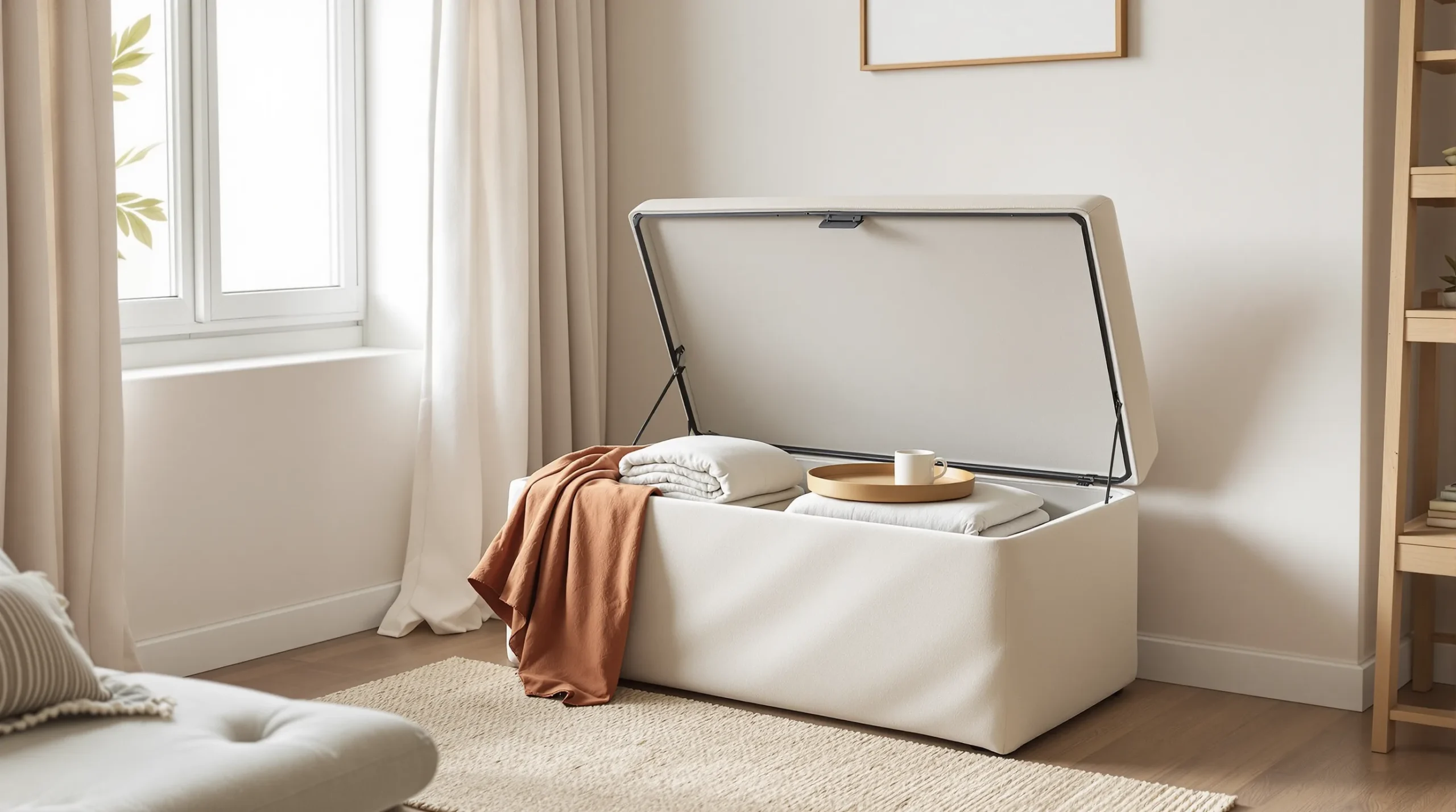 A storage ottoman open to reveal blankets inside, doubling as a footrest and coffee table in a small living room.