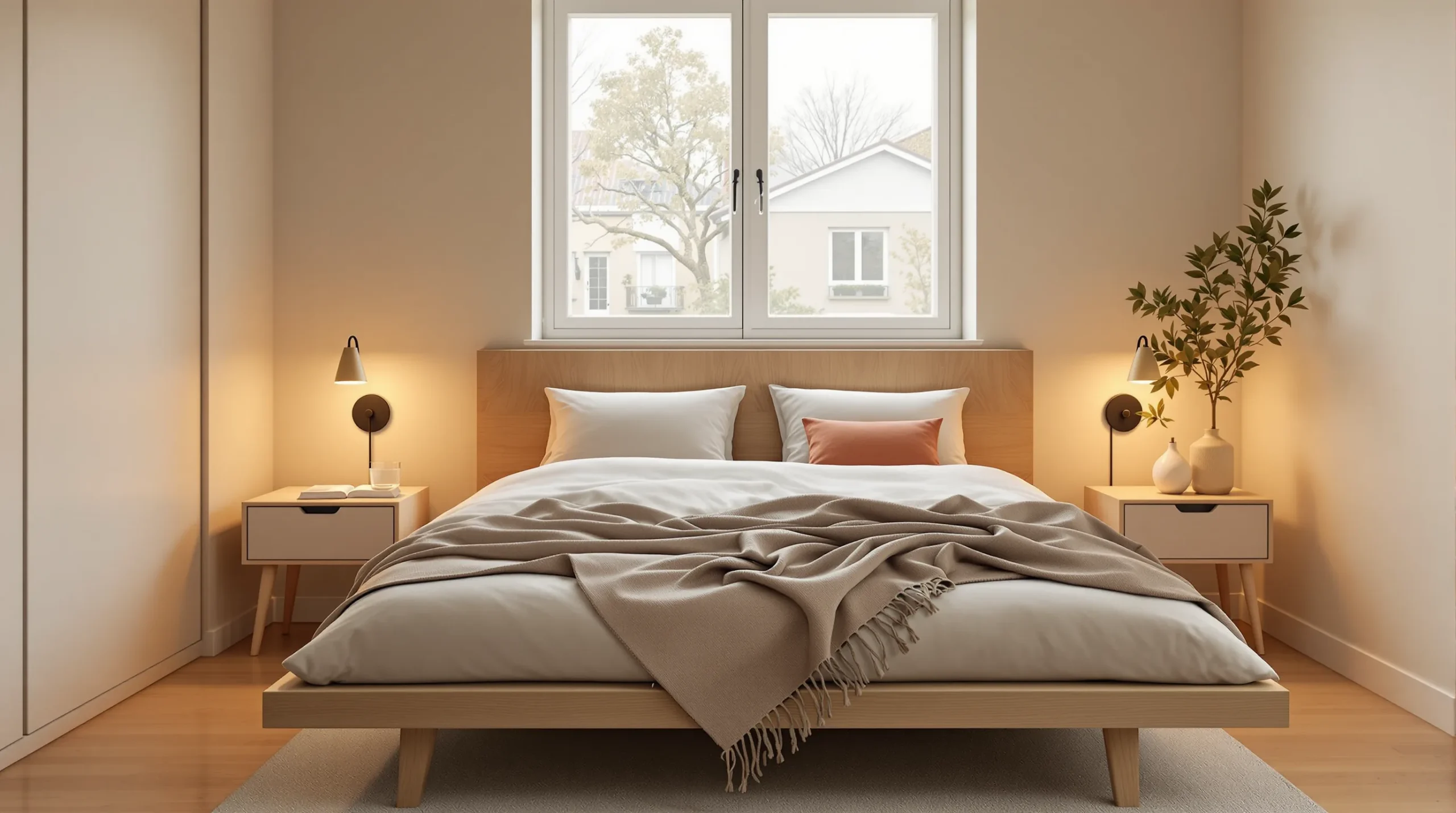 A shared small bedroom with two nightstands and two reading lights, one on each side of the bed.