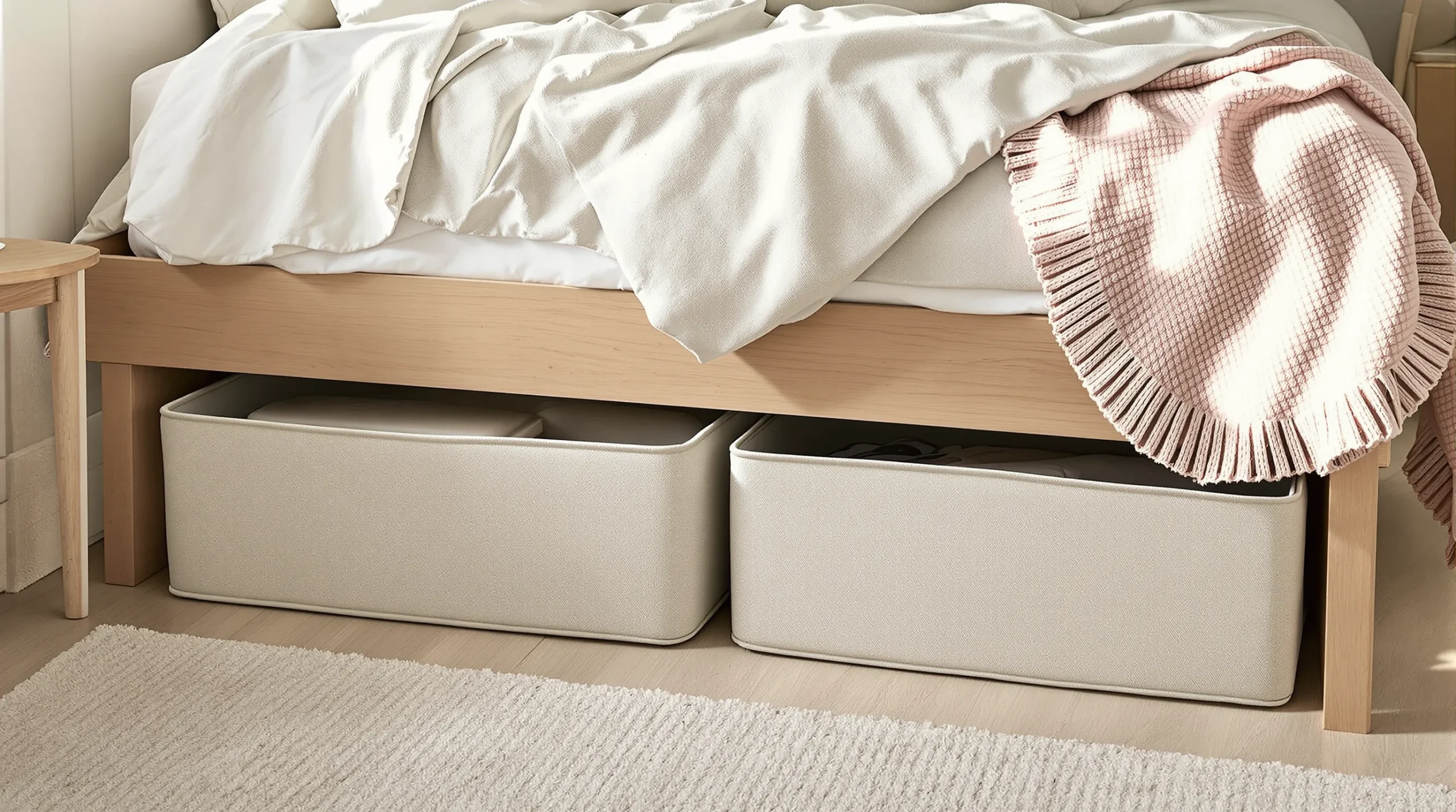 Two under-bed storage bins, one on each side, sliding out from under a shared bed.